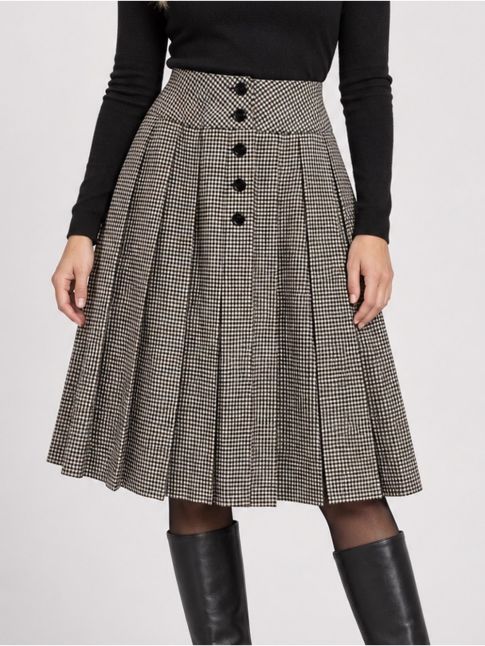 Vintage Dorlene High-Waist Pleated Houndstooth Knee-Length Skirt Small